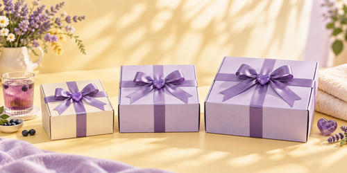 Three closed wellness sample boxes decorated with purple ribbons and hearts